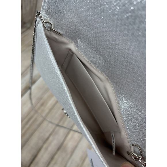 J Silver Iridescent Evening Clutch‎ Rhinestone Bow Detail Chain Strap NWT - Picture 7 of 7
